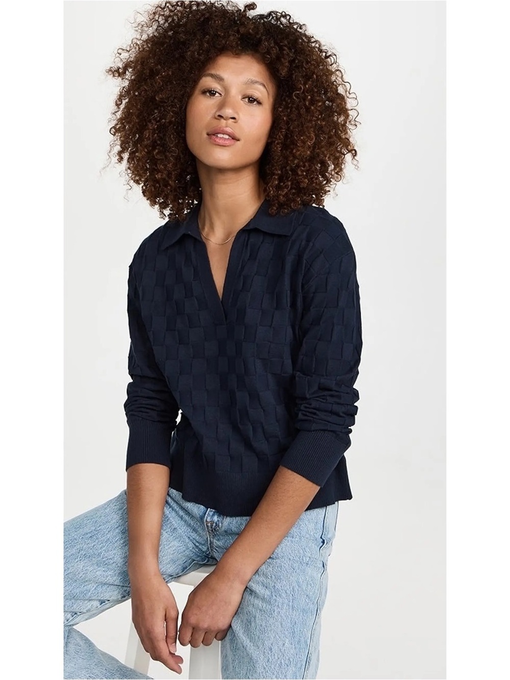 Monrow Navy Checkerboard Knit Polo Sweater, size S